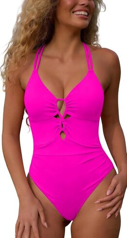 Women's Deep V Neck One Piece Swimsuit Ruched Slimming Bathing Suit Keyhole Crisscross Back Monokini in Kuwait