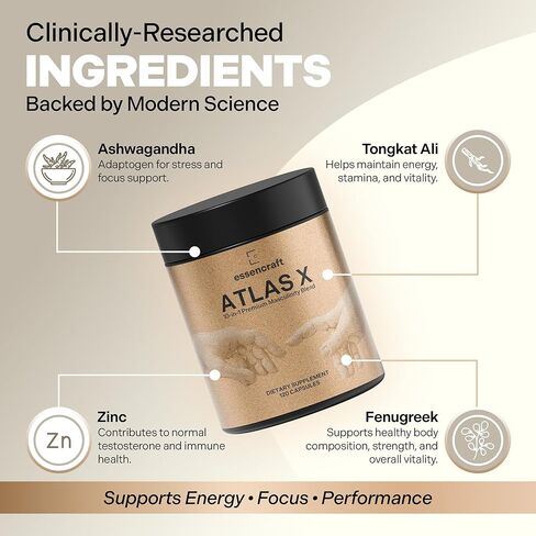 Essencraft Atlas X Testosterone Supplement for Men – 10-in-1 Natural Testosterone Booster & Muscle Booster w/Shilajit, Zinc, Tongkat Ali, & More (120 Capsules) in Saudi Arabia