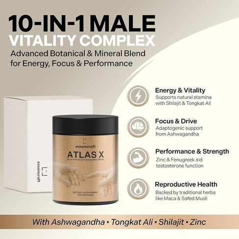 Essencraft Atlas X Testosterone Supplement for Men – 10-in-1 Natural Testosterone Booster & Muscle Booster w/Shilajit, Zinc, Tongkat Ali, & More (120 Capsules) in Saudi Arabia