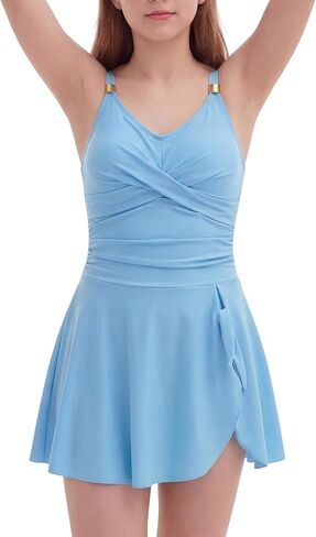 Teen Girls Swimsuits Modest One Piece Tummy Control Bathing Suit Straps Padded Swim Dress with Bottom 9-16 Years in Saudi Arabia