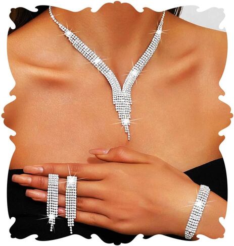 EARENT Rhinestone Bridal Jewelry Sets Silver Necklace and Earring Set Sparkly Crystal Wedding Prom Necklaces for Women in Saudi Arabia