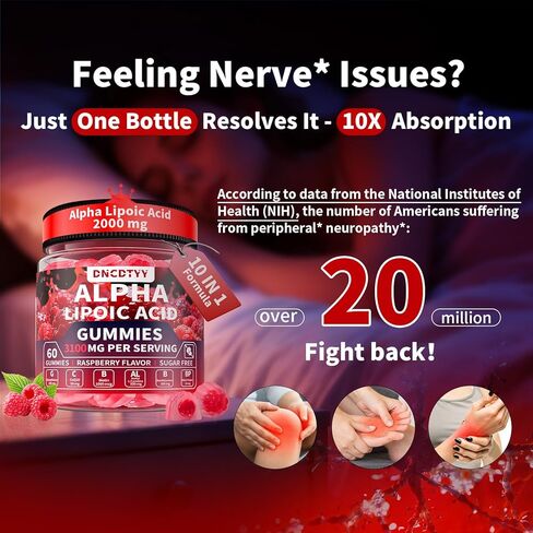 Alpha Lipoic Acid Gummies 2000mg Triple Strength Neuropathy Supplements - Liposomal ALA Complex for Brain & Liver & Skin and Nerve* Support, Sugar Free, 60 Counts, Raspberry Flavor in Saudi Arabia