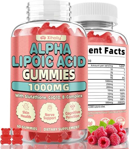Alpha Lipoic Acid Gummies 1000 MG, High Potency Chewable ALA Supplement with Glutathione, CoQ10, Vitamin B Complex for Antioxidant, Cognitive, Nerve* Support, Sugar-Free, Raspberry Flavor, 60 Counts in Saudi Arabia