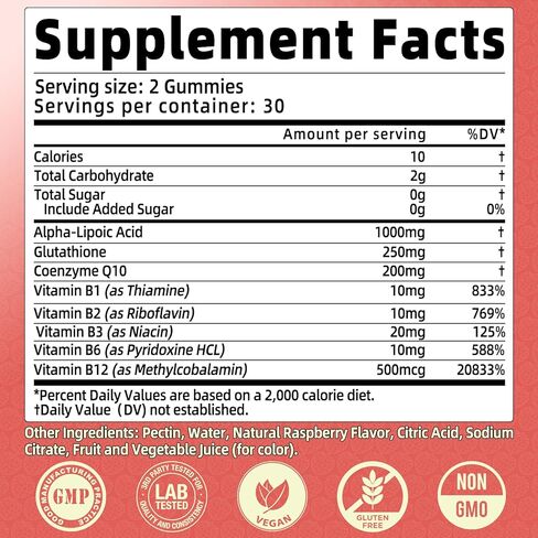 Alpha Lipoic Acid Gummies 1000 MG, High Potency Chewable ALA Supplement with Glutathione, CoQ10, Vitamin B Complex for Antioxidant, Cognitive, Nerve* Support, Sugar-Free, Raspberry Flavor, 60 Counts in Saudi Arabia