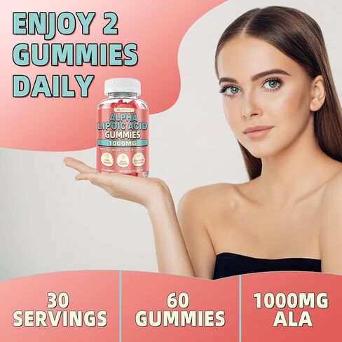 Alpha Lipoic Acid Gummies 1000 MG, High Potency Chewable ALA Supplement with Glutathione, CoQ10, Vitamin B Complex for Antioxidant, Cognitive, Nerve* Support, Sugar-Free, Raspberry Flavor, 60 Counts in Saudi Arabia