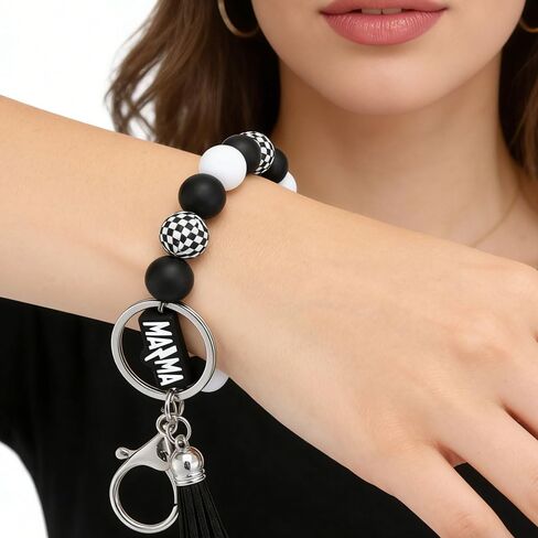 Mama Wristlet and Keychain Set, Checkered Black Mom Key Ring for Mom Birthday Gifts Mothers Day Gift in Kuwait