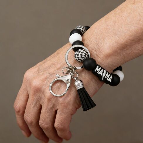 Mama Wristlet and Keychain Set, Checkered Black Mom Key Ring for Mom Birthday Gifts Mothers Day Gift in Kuwait