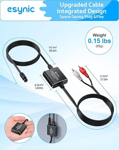 eSynic Portable Optical to RCA Adapter-6 FT Long-Built-in DAC Chip-Easy to Setup-192KHZ Digital to Analog Audio Converter-Aluminum Shell-from HDTV/Blu-ray/Gaming Consoles to L/R Stereo Audio System in Kuwait