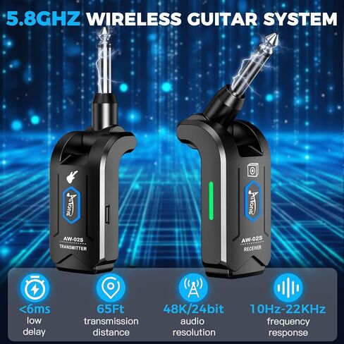 AITONE 5.8 جيجا هرتز جهاز استقبال جيتار لاسلكي 4 قنوات قابلة للشحن نظام جيتار لاسلكي بطول 65 قدمًا متفوقًا على 2.4 جيجا هرتز مضاد للتدخل لباس الجيتار الكهربائي (AW-02S) in Kuwait