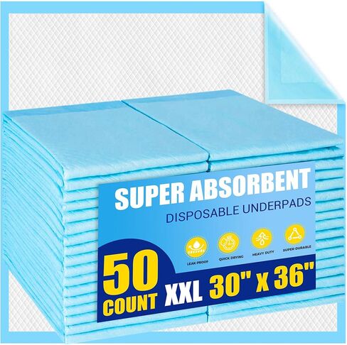 Heavy Duty Disposable Bed Pads 30"x36"- 50 Count Underpads for Incontinence Adults, Chucks Pads Super Absorbency & Leak-Proof Incontinence Bed Pads Disposable Pee Pads for Adults, Kids, Elderly in Saudi Arabia