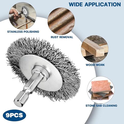 1.5 بوصة فرش سلكية للمثقاب، مجموعة فرش سلكية من الفولاذ المقاوم للصدأ مع ساق سداسية 1/4 بوصة، 9 قطع (قطر 38 مم) in Kuwait