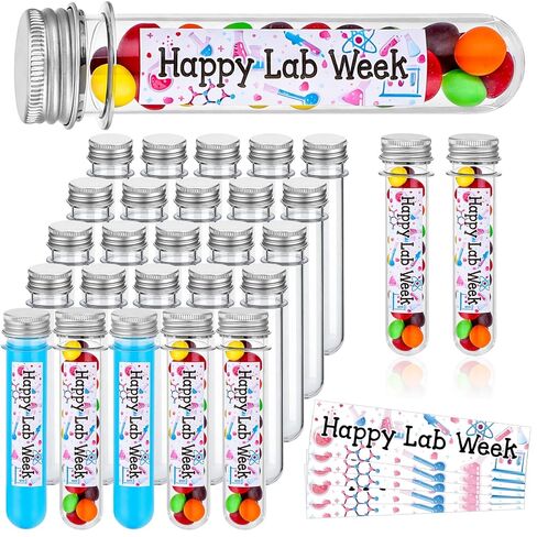36Sets Lab Week Gifts Clear Plastic Test Tubes with Caps Happy Lab Week Stickers 45ml Small Tube 25mm x 140mm Clear Test Tubes Candy Containers Vials Storage for Sample Powder Seed ScienceThemed Gifts in Saudi Arabia