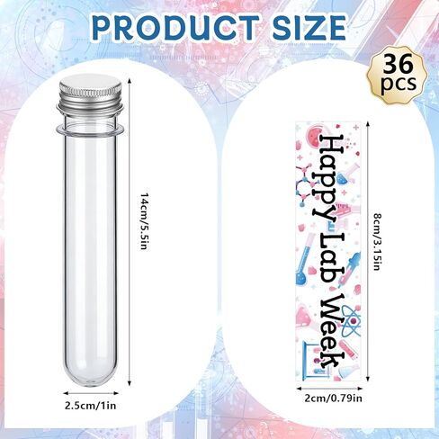 36Sets Lab Week Gifts Clear Plastic Test Tubes with Caps Happy Lab Week Stickers 45ml Small Tube 25mm x 140mm Clear Test Tubes Candy Containers Vials Storage for Sample Powder Seed ScienceThemed Gifts in Saudi Arabia