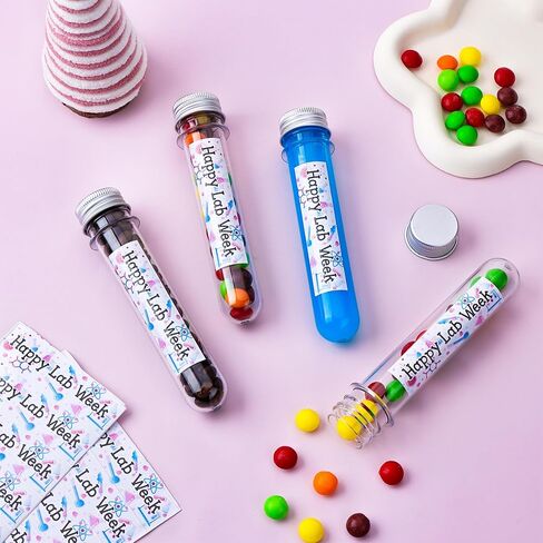 36Sets Lab Week Gifts Clear Plastic Test Tubes with Caps Happy Lab Week Stickers 45ml Small Tube 25mm x 140mm Clear Test Tubes Candy Containers Vials Storage for Sample Powder Seed ScienceThemed Gifts in Saudi Arabia