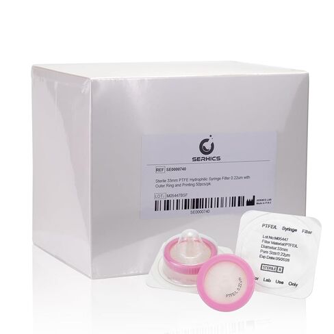 50 Pack Syringe Filter Sterilized PTFE Hydrophilic Filtration 0.22um Pore Size, 33mm Membrane Individually Packed in Kuwait