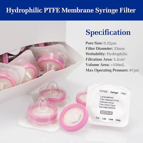 50 Pack Syringe Filter Sterilized PTFE Hydrophilic Filtration 0.22um Pore Size, 33mm Membrane Individually Packed in Kuwait