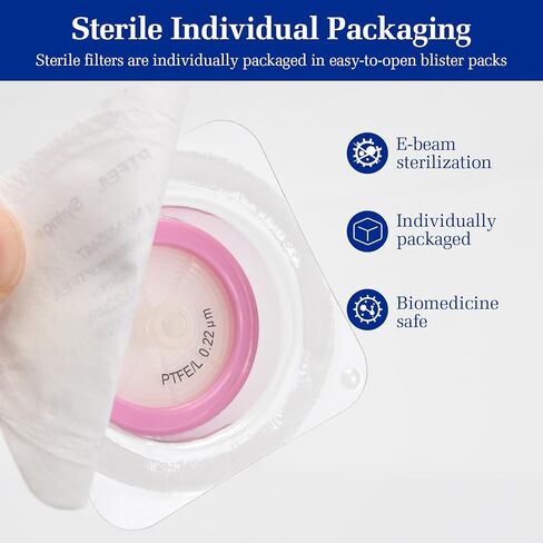 50 Pack Syringe Filter Sterilized PTFE Hydrophilic Filtration 0.22um Pore Size, 33mm Membrane Individually Packed in Kuwait