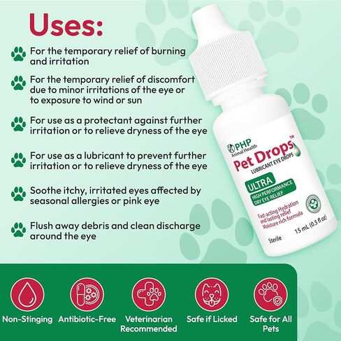Ultra Lubricant Pet Drops 15 ml - Eye Drops for Cats and Dogs - Moisture Rich Formula, Fast Acting Hydration Dogs Eye Drop for Dry Eyes, Artificial Tears for Extra Dry Eye (U.S Made) in Kuwait