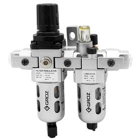 Groz 60450 Air Filter - Regulator Combination and Lubricator - Modular 2 Piece, Polycarbonate Bowl, Miniature-1/4" NPT, 18 CFM