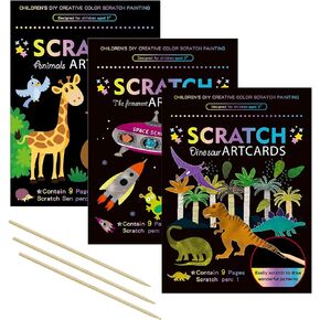 OPUHOHR 3 Set Magic Scratch Paper Art, Colorful Magic Drawing Art Book with 3 Scratch Pen for Birthday Halloween Christmas Party Games Projects Kits （Dinosaurs/Spaceman/Giraffe）
