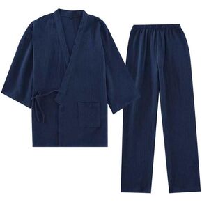 Classical Simple Japanese Style Cotton Bathrobe Pajamas Kimono Casual Clothes Unisex, Medium, Navy Blue