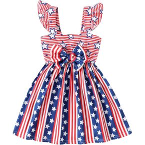 Girls 4th of July Dress Toddler American Flag Flutter Sleeve Bowknot Sundress Baby Stars Stripes Patriotic Clothes