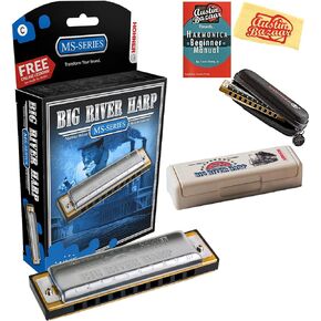 Hohner Big River Harp MS Harmonica - Key of A Bundle with Zip Case, Instructional Manual, and Austin Bazaar Polishing Cloth