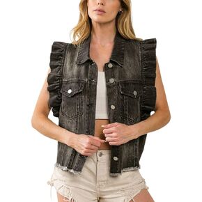 Women's Distressed Ruffled Sleeveless Denim Vest Button Down Frayed Hem Jean Jacket Turn Down Collar Waistcoat