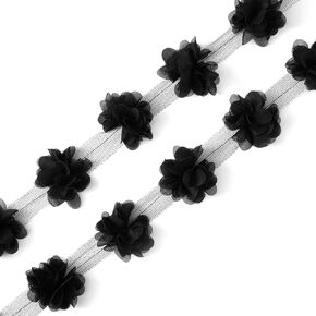 ANCIRS 9.5 Yards Ruffled 3D Flower Cluster Lace Trim for Craft, Vintage Woven Chiffon Trim for Bridal Wedding Dress Collars Sleeves Decoration Embroidered Appliques & Handmade DIY Sewing- Black