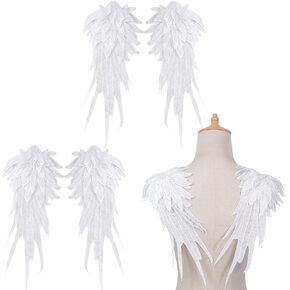 3 Pair White Angel Wings Embroidered Applique Large Neckline Lace Trim Sewing On Patches Wedding Prom Engagement Party Decoration for Bride Women Girls