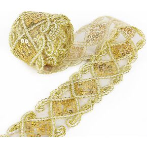 Sequins Lace Mesh Trim Lace Ribbon Applique Sewing Craft Supplies 10 Yards for Clothing Curtain Table Runner Making Decorating (Gold)