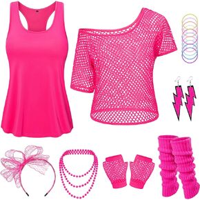 Yuriko Women 80s Retro Party Costumes Fishnet Neon Off Shoulder T-Shirt Two Pieces With 80s Fancy Dress Costume Accessories