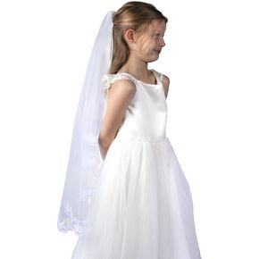 Needzo White Tulle First Communion Veil for Girls, 32 Inches (Lace Cascading)