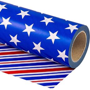 WRAPAHOLIC Reversible 4th of July Wrapping Paper - Mini Roll - 17 Inch X 33 Feet - Blue Red White Stripe and Star Design, Perfect for Memorial Day, Holiday, Party