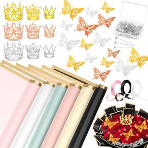 cridoz 208Pcs Flower Bouquet Accessories, 60 Floral Wrapping Paper, 9 Gold Crowns, 36 Butterfly Decorations, 100 Flower Pins and 3 Ribbons for Bouquets, Florist Supplies