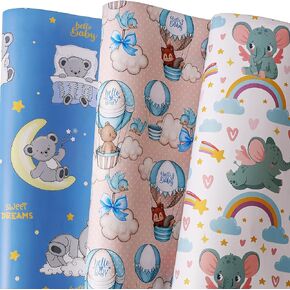 BOLIANNE Baby Shower Wrapping Paper - Gift Wrapping Paper for Boys Girls Kids with Cute Baby Bears Elephants Hedgehogs, 6 Large Sheets Baby Gift Wrap for Birthday Holiday, 27 X 37 Inch