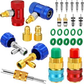 29 Pcs Automotive R1234YF Quick Couplers Kit, AC R1234YF Adapter and Self Sealing Can Tap Valve Core Remover R134a Adapters Coupler and Valve Core for Heating, Ventilation and Air Conditioning