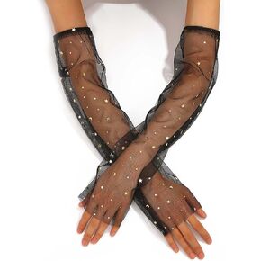 CASDRE Star Moon Fingerless Mesh Gloves Black Long Tulle Gloves Arm Sleeves Elbow Length Gloves Evening Party Rave Gloves for Women and Girls