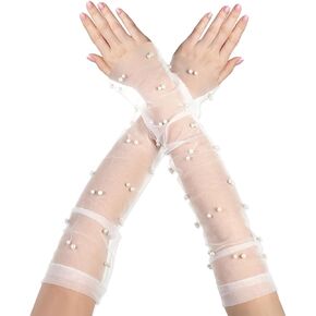 Long Pearl Gloves Wedding Tulle Gloves, White Lace Gloves Women, Tulle Sleeves Gloves Women Formal, Opera Tea Party Fingerless Gloves for Wedding Opera Halloween Party 1920's Dance Gloves