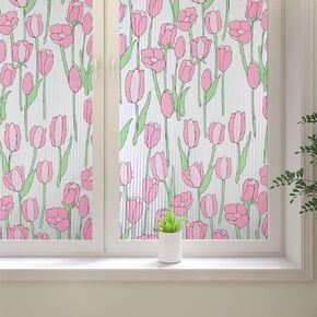 Window Privacy Film, Stained Tulip Glass Film, Vinyl Decorative Window Decals, Static Clings Window Film Non-Adhesive Removable (23.6 x 78.7 inch)
