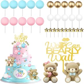 33 Pcs Bear Gender Reveal Cake Toppers, Pink and Blue Bear Cake Decorations with Stars, Pearl Balls, We Can Bearly Wait Cake Topper for Baby Shower, Boy or Girl, He or She Gender Reveal Party