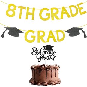 8th Grade Grad Banner with 8th Grade Grad Cake Topper, Glitter 8th Grade Graduation Party Decorations 2024, Boy Girl Kids Eighth Grade Graduation Party Supplies