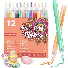 Acrylic Paint Pens Markers, Paint Markers for Rock Painting, Wood, Canvas, Stone, Glass, Ceramic Surfaces - 12 Vibrant Color - 0.7mm Extra-fine Tips