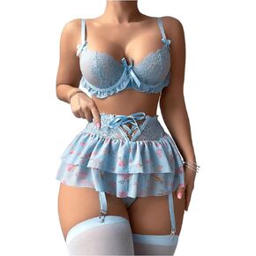 Women's 5 Piece Lingerie Set Floral Lace Bow Garter Underwire Babydoll Lingerie Skirt with Stockings