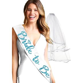 Bride Sash and Veil Bachelorette Party - Set of 2: Turquoise Blue Diamond Bride to Be White Bridal Grade Satin Sash & White Veil - Something Blue Bridal Shower Gifts - Veil Set(TRQ DiaB2B) Wht