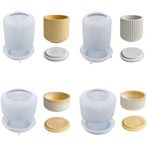 4Pcs Resin Candle Jar Molds with Lid, Round Stripe Candle Holder Molds, Cement Plaster Storage Jar Pottery Mould Concrete Crafting Supplies