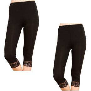 Liang Rou Women's Ultra Thin Stretch Cropped Leggings Black Lace Trim 2-Pack