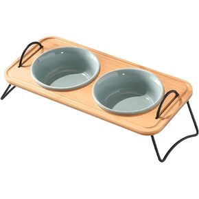 Elevated Cat Bowls, Raised Cat Bowl for Indoor, Small Dog Food Bowls for Puppy Whisker Friendly Tilted Dishes with Metal Stand, Protect Pet's Spines Bowl with Handle (1 Set 2 Bowls, Wooden) in Kuwait
