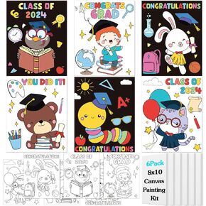 6 Pcs Graduation Pre Drawn Canvas Set 8 x 10 Inch Kindergarten Pre Drawn Canvas for Painting Printed Canvas to Paint for Kids Graduation Canvas Painting for Preschool Students Activities