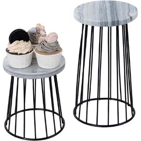 MyGift Modern Hotel Style Natural White Marble and Matte Black Metal Wire Circular Risers, Round Dessert Racks Cupcake Holders Cake Stands Party Home Retail Display, 2 Piece Set
